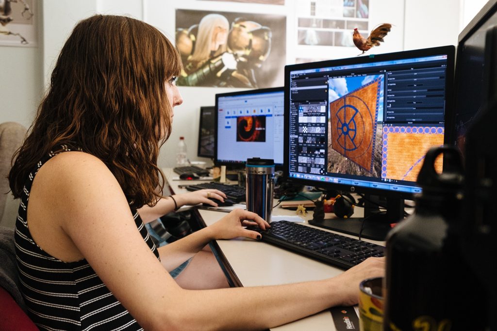 Randi Reynolds '18 learned how to recreate the textures of ceramics, rugs and different types of wood for the calculus game Variant. (Josh Huskin/Texas A&M Foundation)