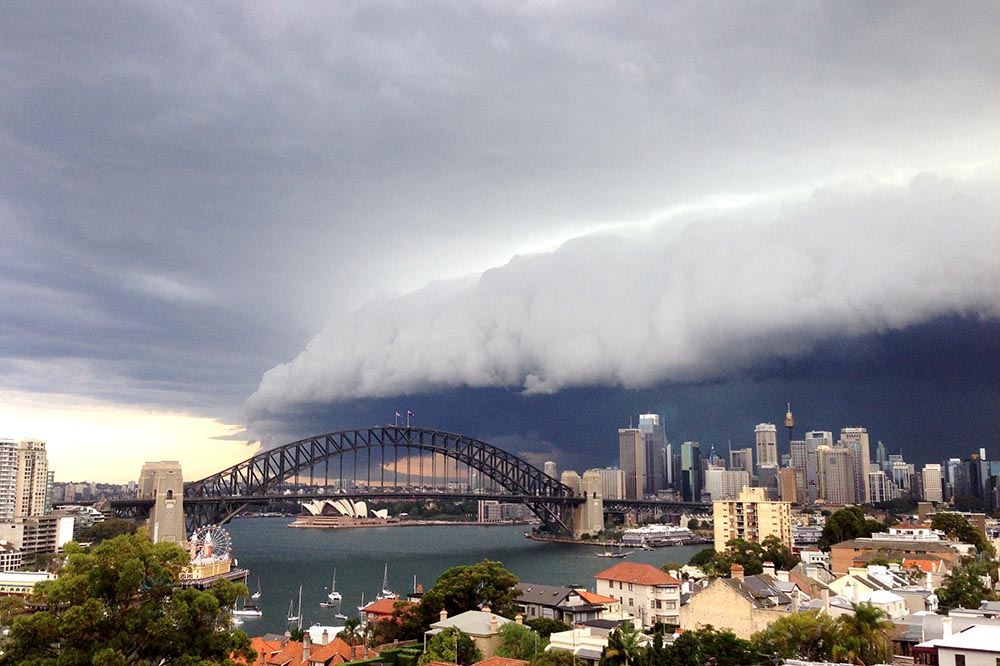SYDNEY, AUSTRALIA - MARCH 5: (EDITORS NOTE: Image was created with a smartphone.) A large storm cloud covers the Sydney CBD on March 5, 2014 in Sydney, Australia. A severe thunderstorm warning was issued for the Sydney metropolitan area late this afternoon with heavy rainfall due to cause flash flooding in areas. (Photo by Cassie Trotter/Getty Images)
