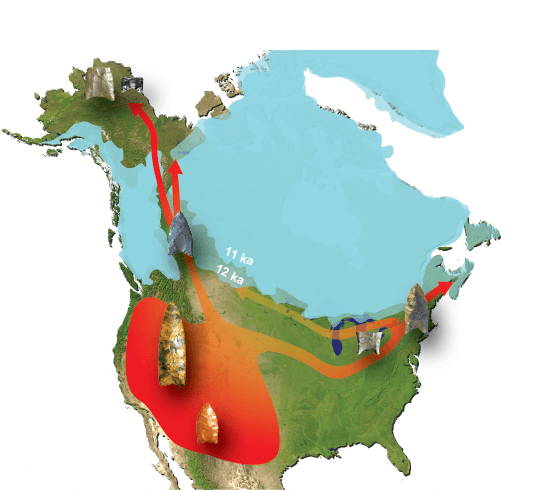 Map shows migration patterns of early inhabitants as they traveled from Alaska to Texas.