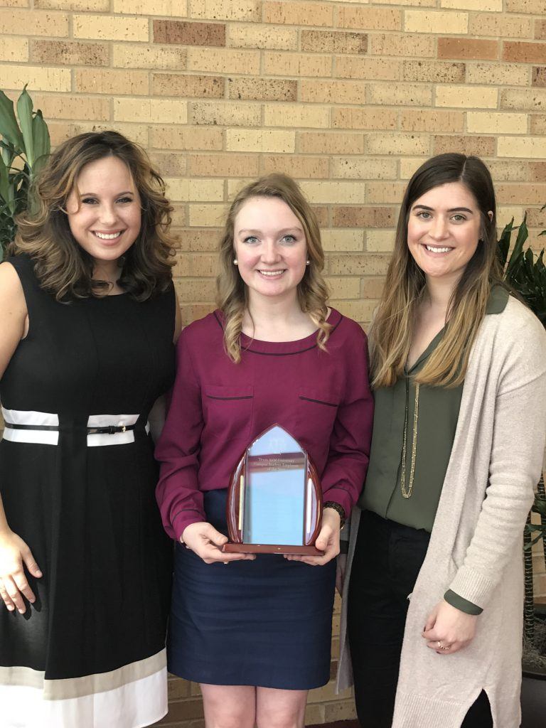 Rachel Welch (center) was named Student Employee of the Year. She attended the ceremony with fellow Mays students who were nominated, and Kennedy Porter and Olivia Lesar. (Texas A&M University Mays Business School)