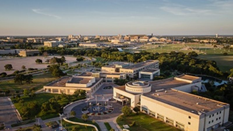 aerial of the bush school on the texas a&m campus