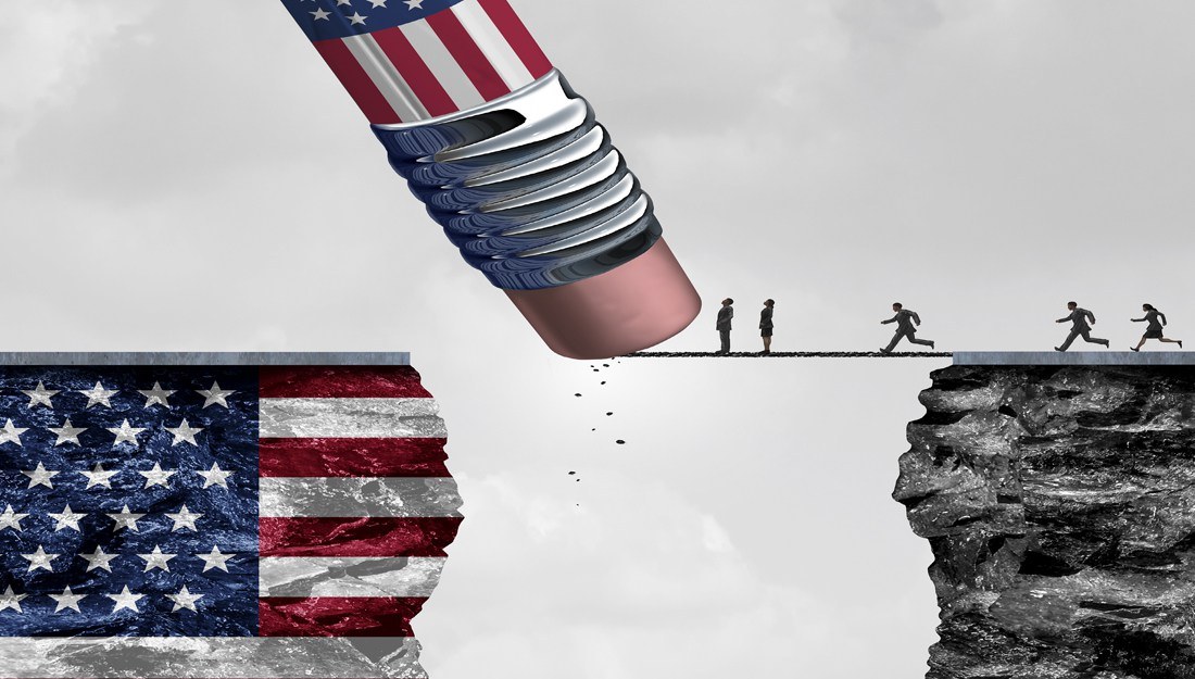 United States border isolationism and protectionism or American immigration refugee crisis as people running to cross a bridge that is being erased by a pencil with a US flag on a cliff as a social issue on refugees or illegal immigrants with 3D illustration elements.
