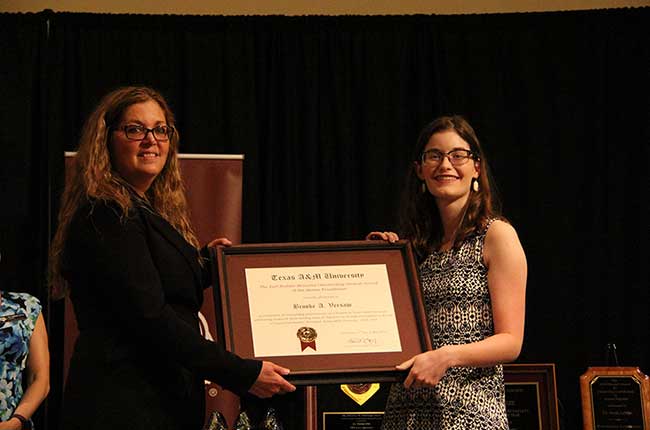 Brooke Versaw of College Station earned the Brown Foundation-Earl Rudder Memorial Outstanding Student Award at Texas A&M University.