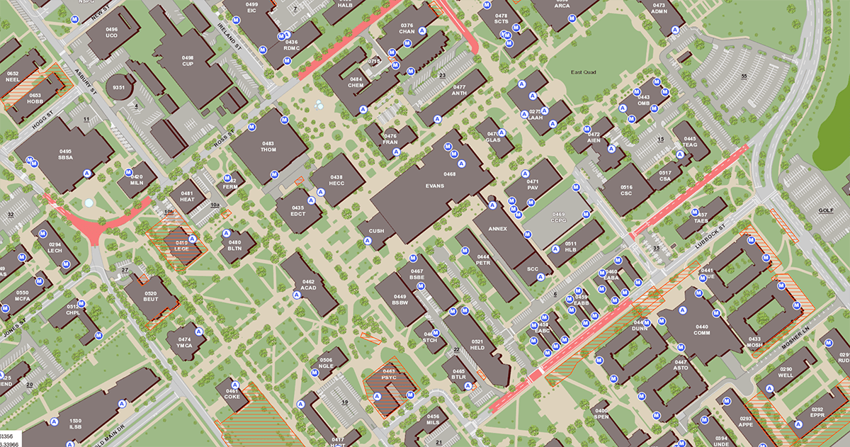 A screenshot of the Aggie Map, with the accessible entrances layer visible.