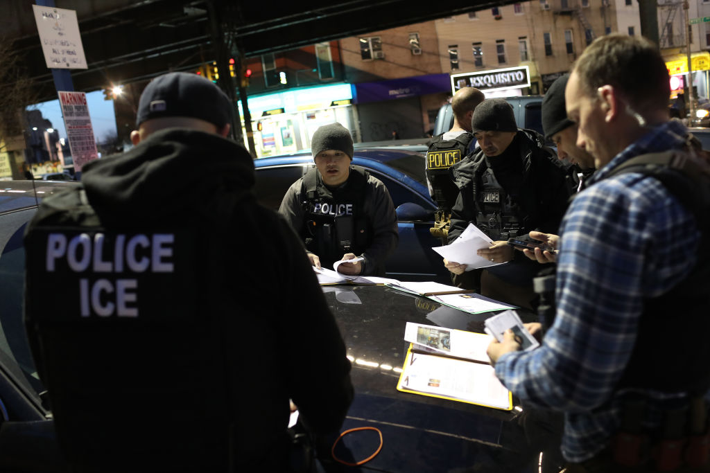 11:  U.S. Immigration and Customs Enforcement (ICE), officers prepare for morning operations to arrest undocumented immigrants on April 11, 2018 in New York City. New York is considered a "sanctuary city" for undocumented immigrants, and ICE receives little or no cooperation from local law enforcement.  ICE said that officers arrested 225 people for violation of immigration laws during the 6-day operation, the largest in New York City in recent years. (Photo by John Moore/Getty Images)