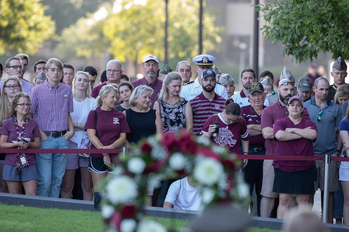 Hundreds of Aggies gathered in Kyle Field Plaza Thursday morning for a funeral ceremony for Reveille VIII. (Mark Guerrero/Texas A&M University Marketing & Communications)