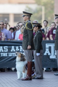 Mia Miller and Reveille IX at the funeral service of former mascot Reveille VIII on Aug. 30,2018