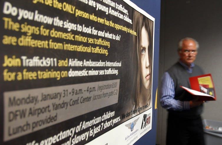 A training program for flight attendants at the Dallas-Fort Worth International Airport, drawing attention to sex trafficking. (Brian Snyder/Reuters)