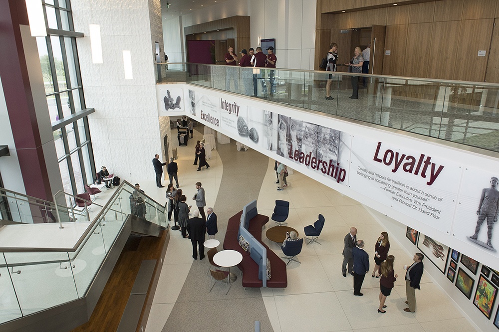 The building interior featuring a banner with the Core Values
