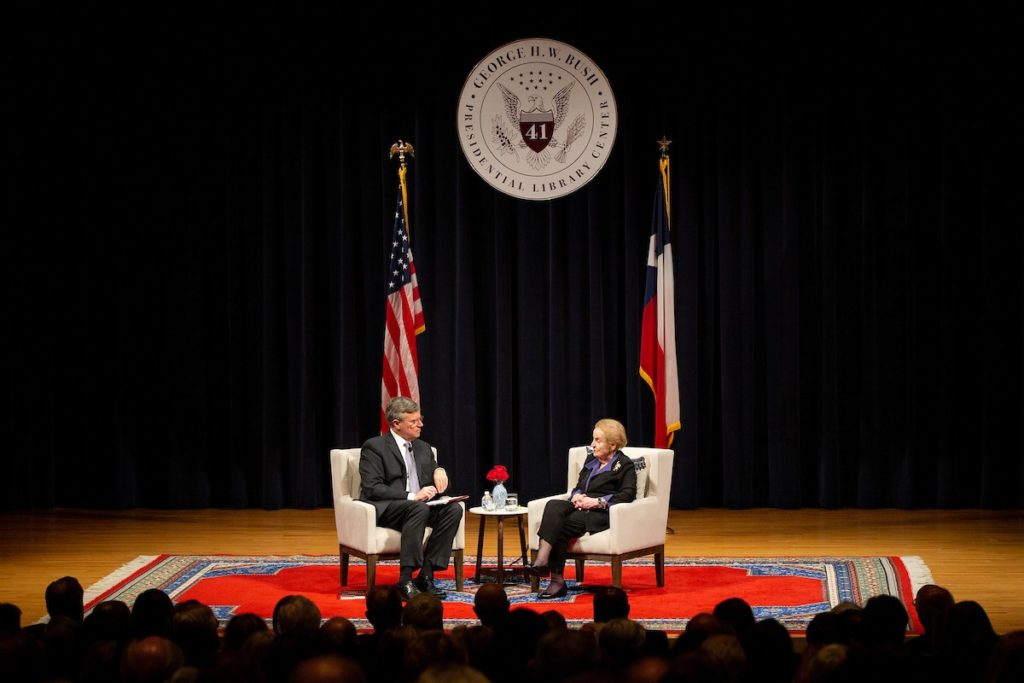 Former Secretary of State Madeleine Albright takes questions from Bush School professor Gregory Gause. (Mark Guerrero/Texas A&M Marketing & Communications)