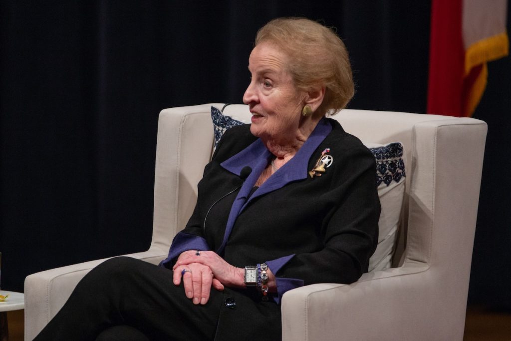 Former Secretary of State Madeleine Albright takes questions from Bush School professor Gregory Gause. (Mark Guerrero/Texas A&M Marketing & Communications)