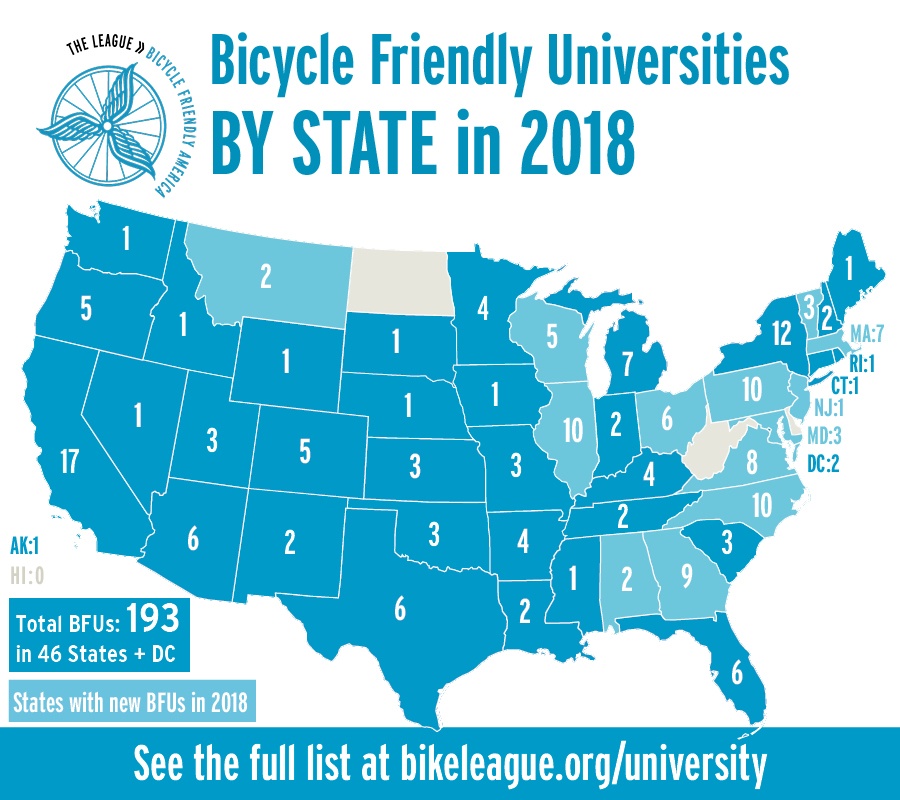 Distribution of bicycle friendly universities by state