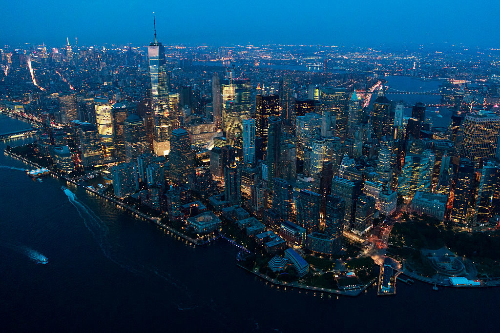 An aerial view of Lower Manhattan at dusk, September 8, 2016 in New York City. New York City is preparing to mark the 15th anniversary of the September 11 terrorist attacks. (Photo by Drew Angerer/Getty Images)